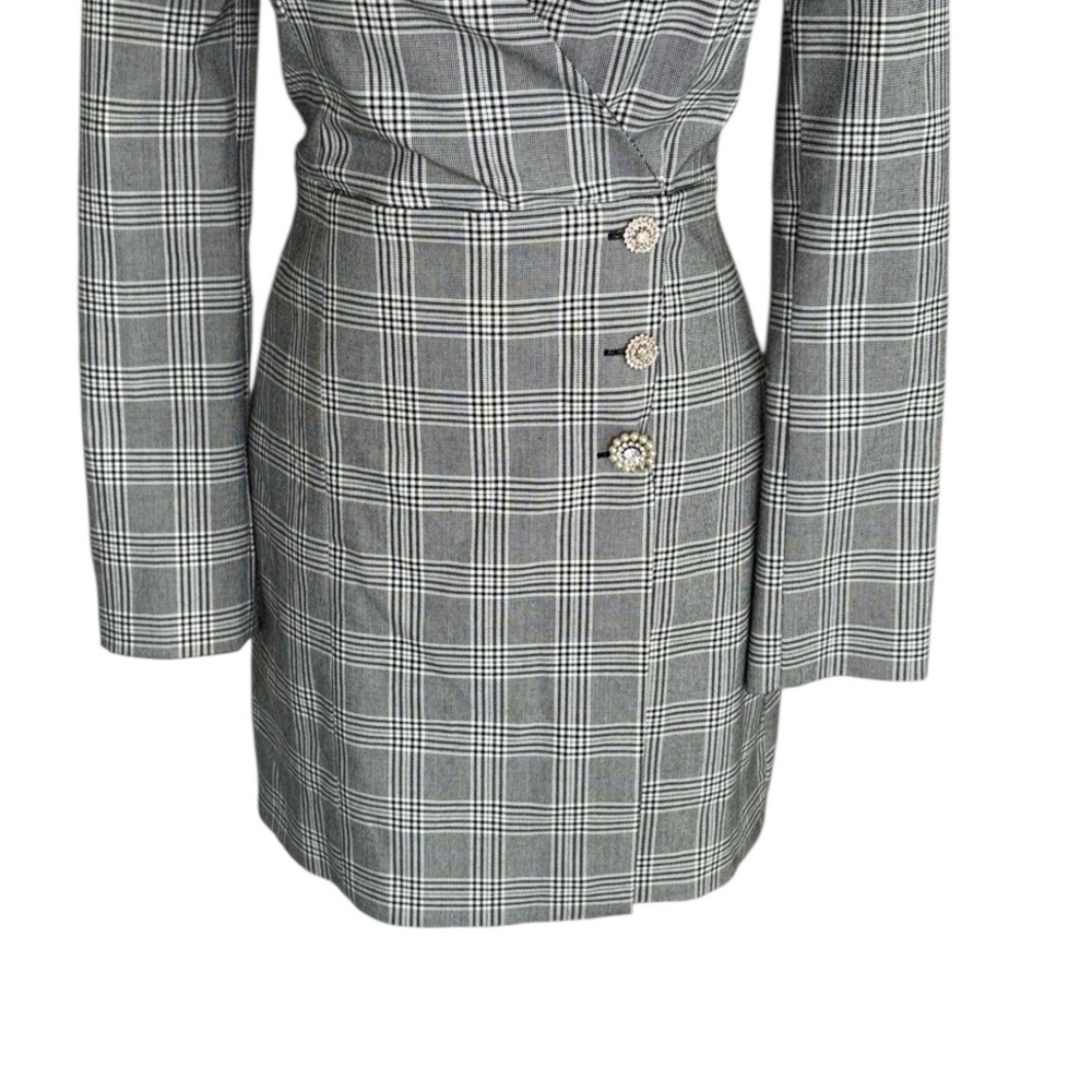 Zara Black & White Plaid Wrap Front Rhinestone Button Blazer Mini Dress - XS - Picture 8 of 16